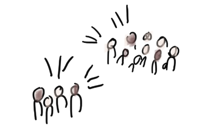 "A sketch of two groups of people shouting at each other."