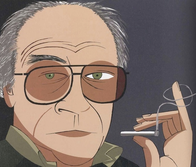 Comic portrait of Baudrillard.  He is perhaps in his 50s, with big framed glasses, short grey hair with a receding hairline.  He holds a cigarette in his hand.